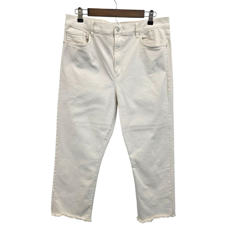 Loft Womens Off-White Straight Crop Jeans Size 14 High-Rise Raw Hem Stretch‎